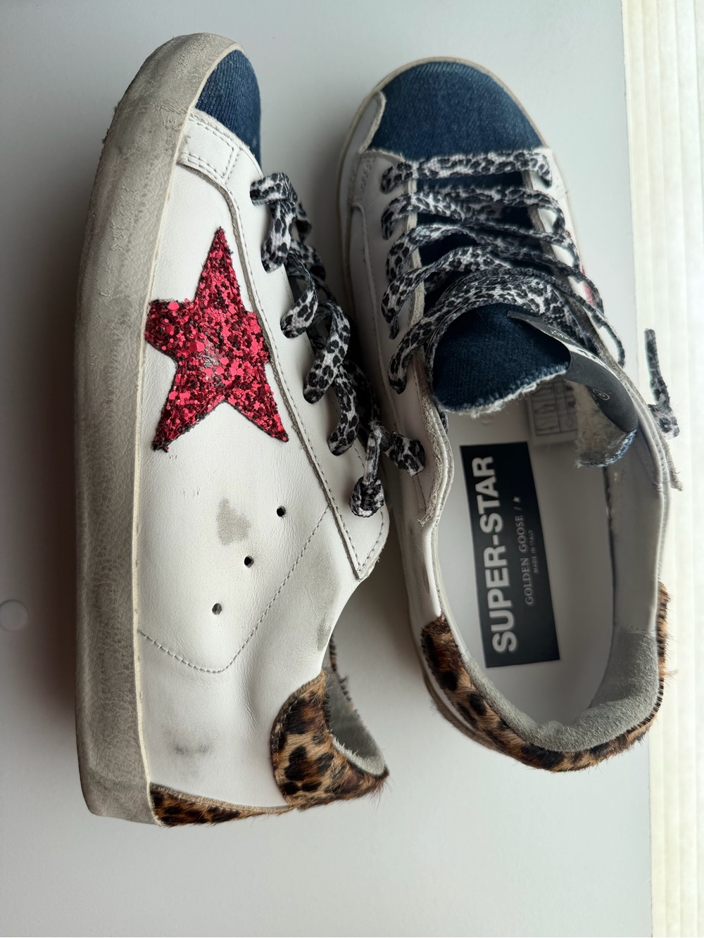 Golden Goose White Sneakers with Pink Glitter Star and Leopard Trim